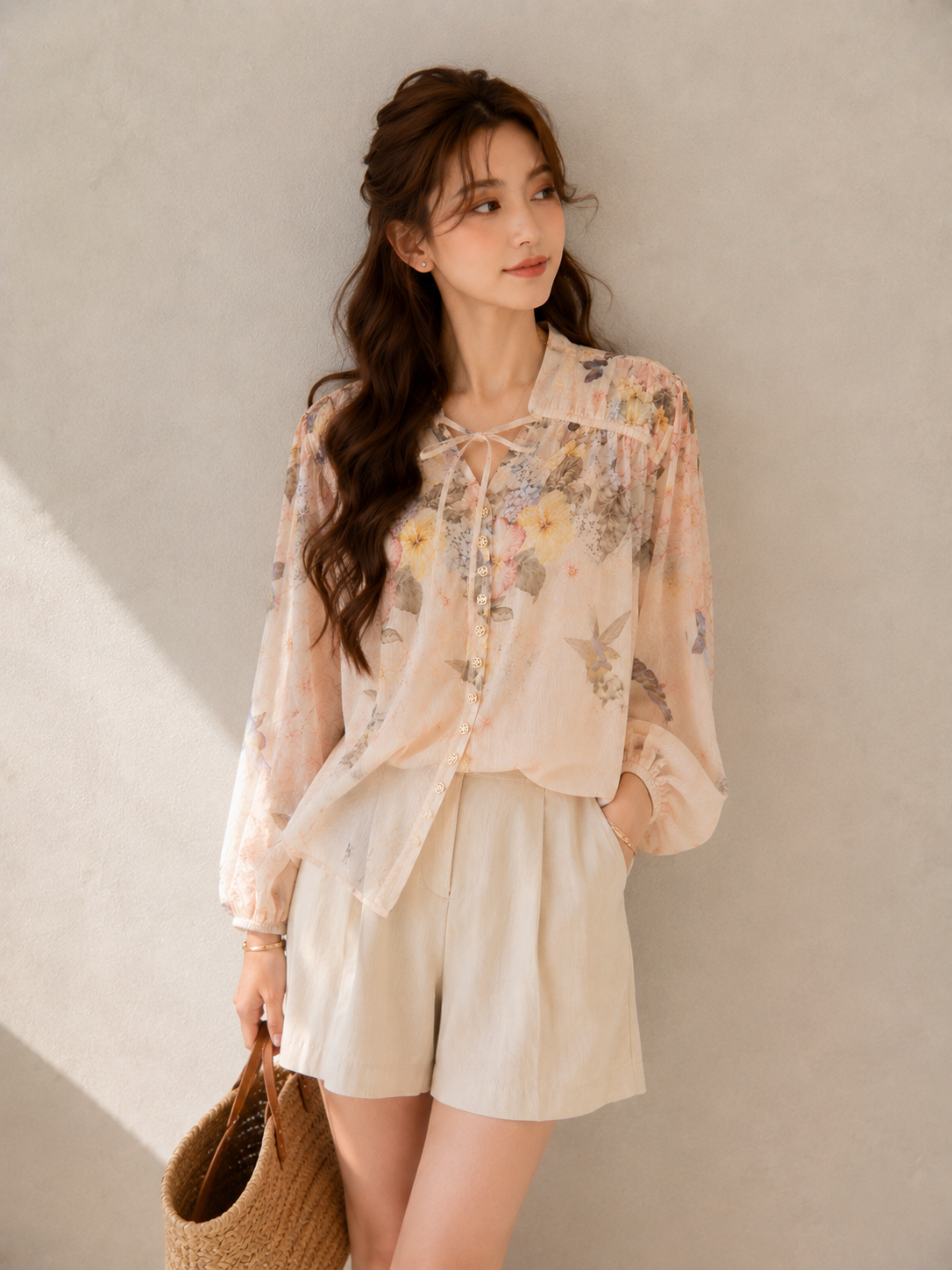 Floral Drawstring Balloon Sleeve Blouse (Includes Bandeau Top)