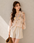 Floral Drawstring Balloon Sleeve Blouse (Includes Bandeau Top)