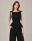French-Inspired Black Bow-Tie Peplum Top &amp; Wide-Leg Pants Set