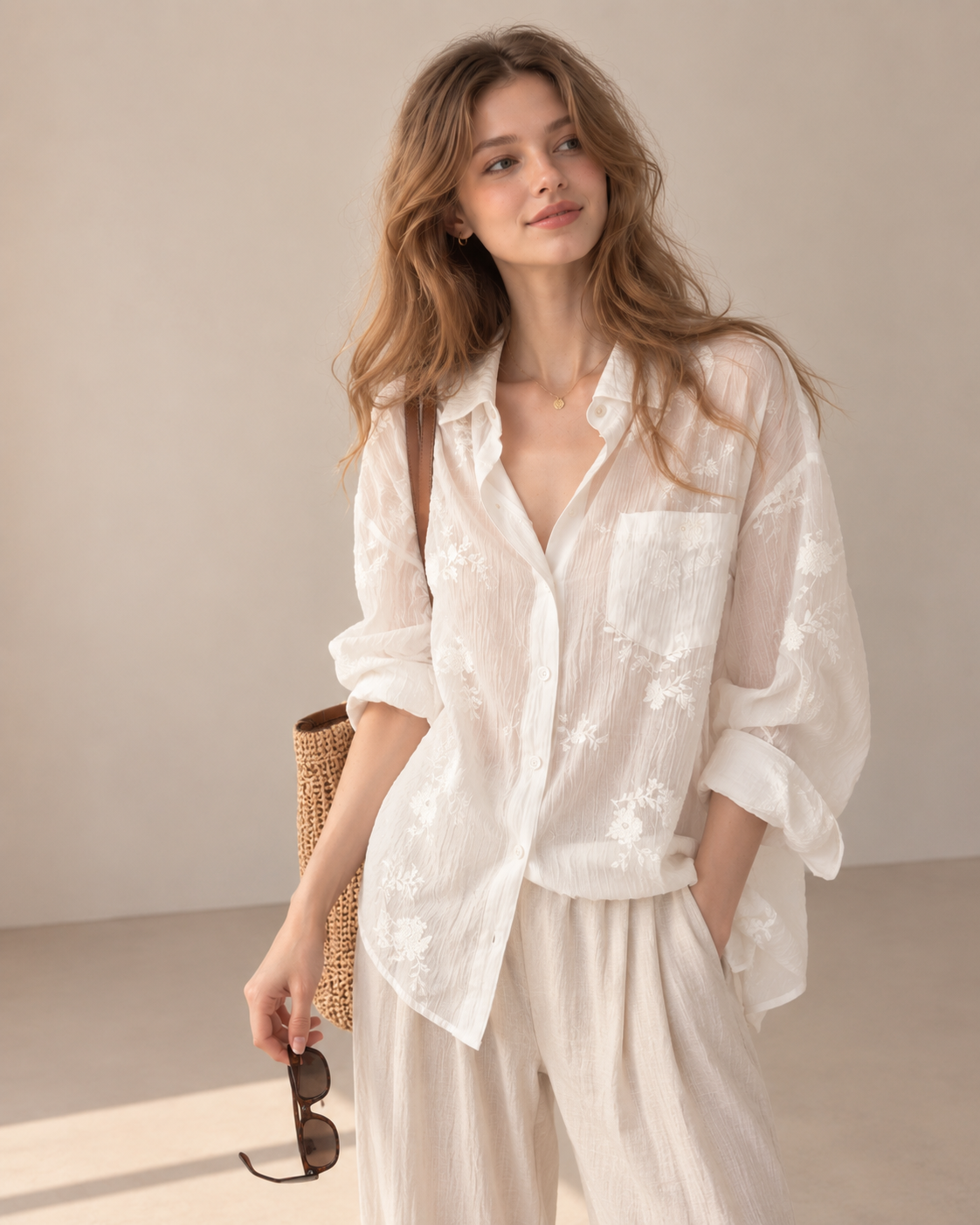 French‑style embroidered jacquard tencel shirt.