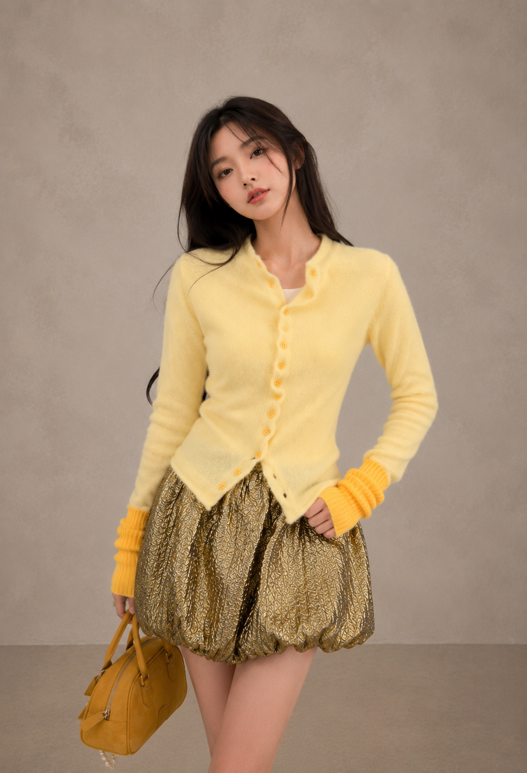 Contrast Wave-Edge Knit Cardigan