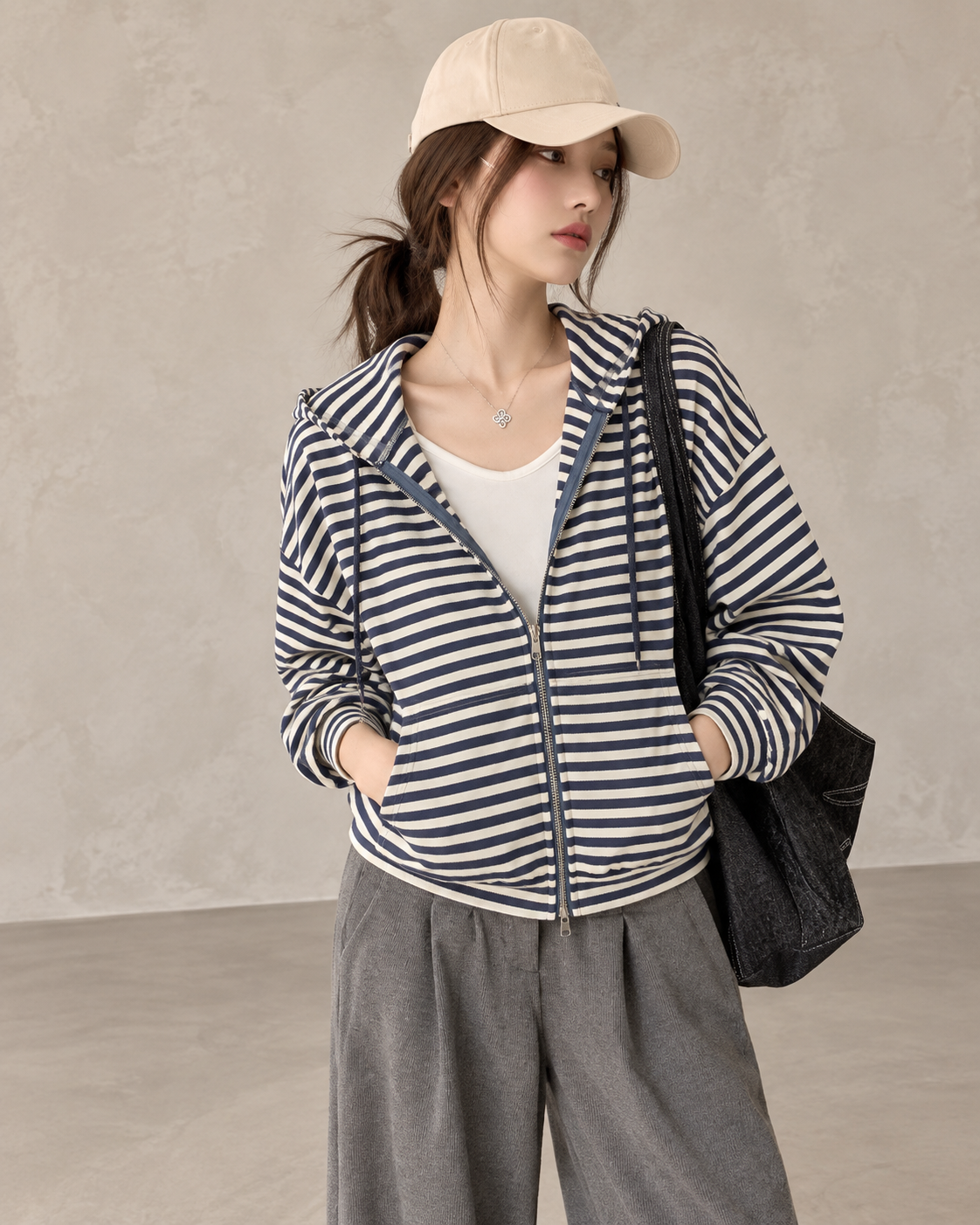 Korean-Inspired Blue Striped Hooded Zip-Up
