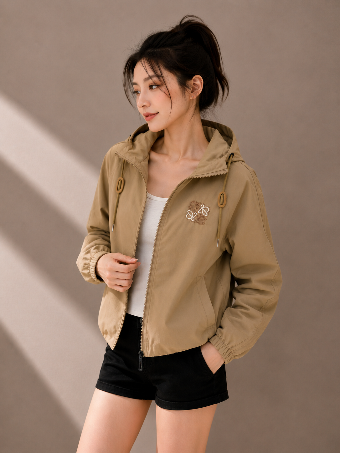 Khaki hooded windbreaker jacket