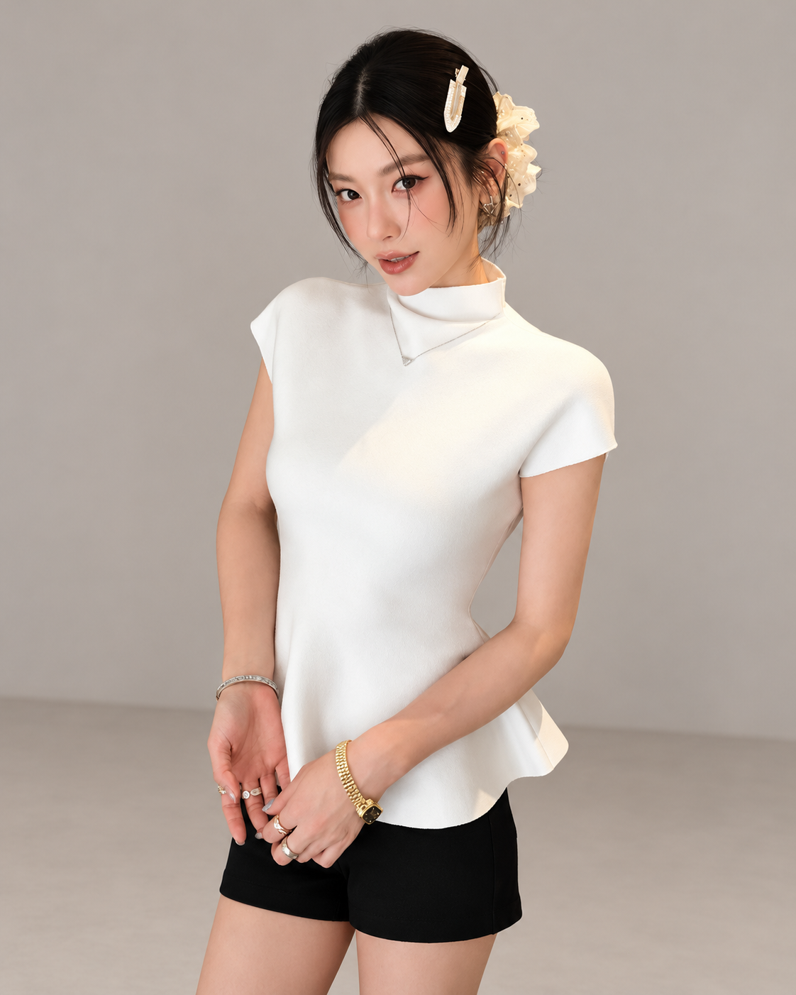 Jennie-inspired French semi-high neck ruffle hem knit top