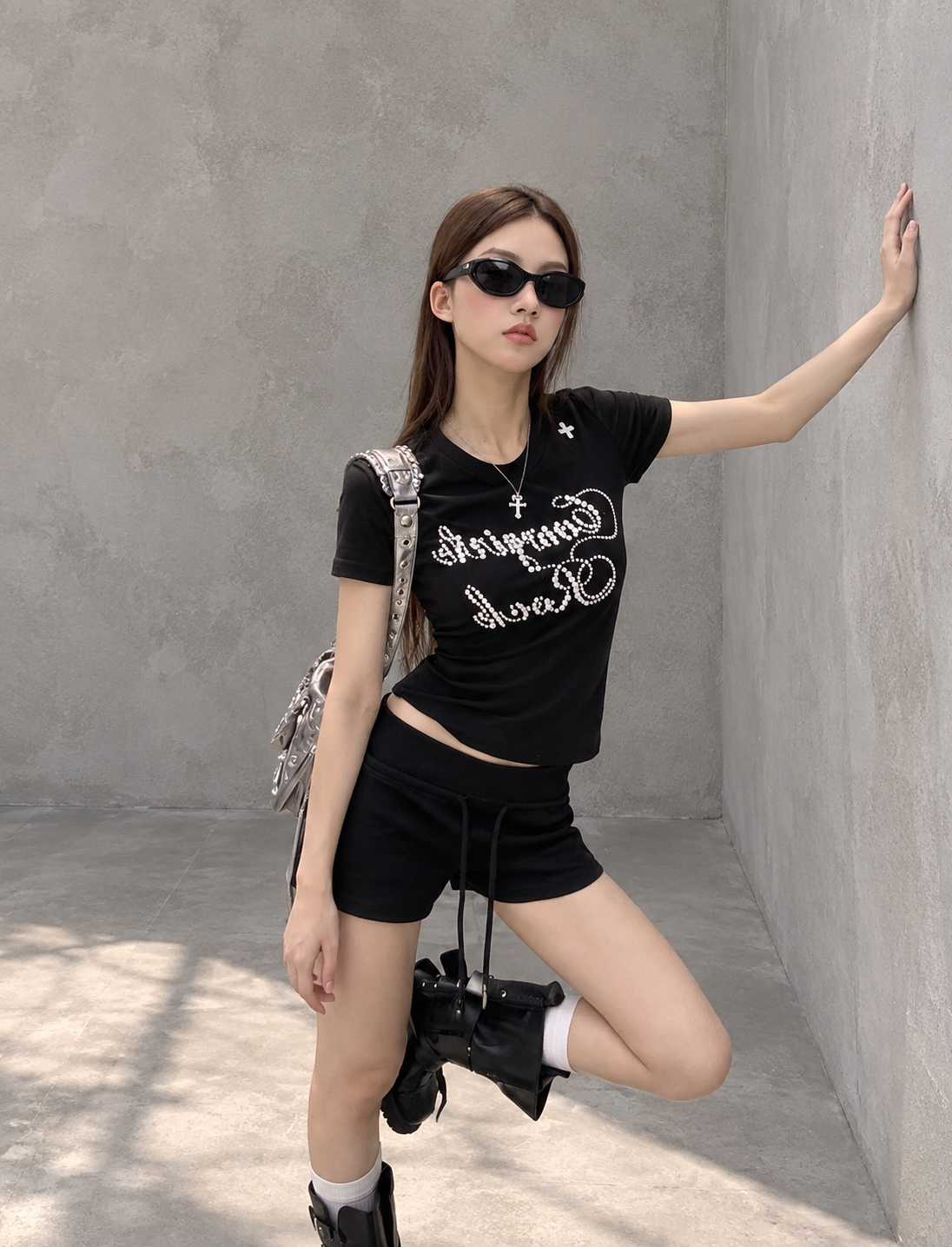 Black Structured Shoulder Beaded Cotton Tee