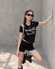 Black Structured Shoulder Beaded Cotton Tee