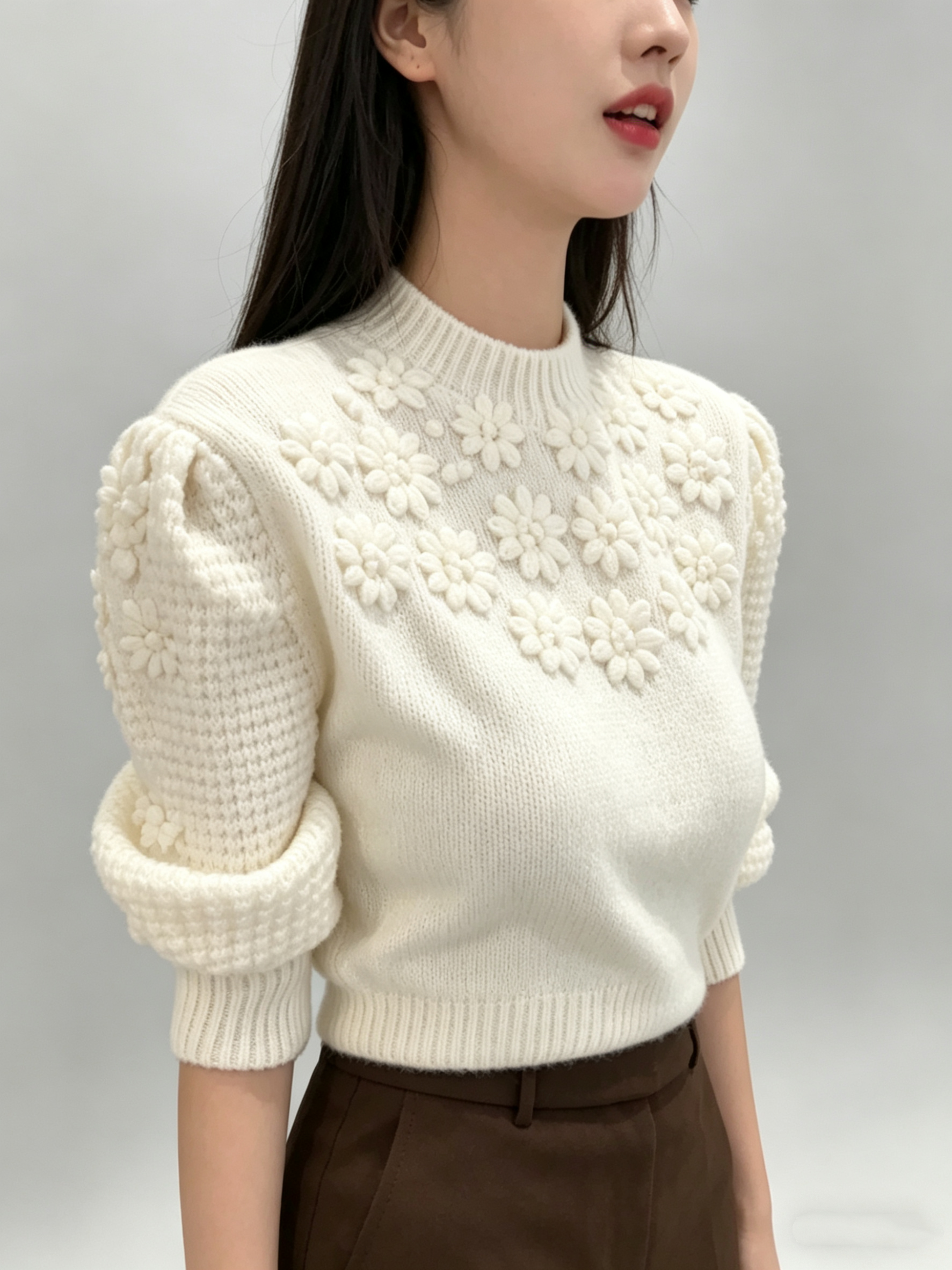 French Heavywork Chunky Floral Wool-Cashmere Sweater