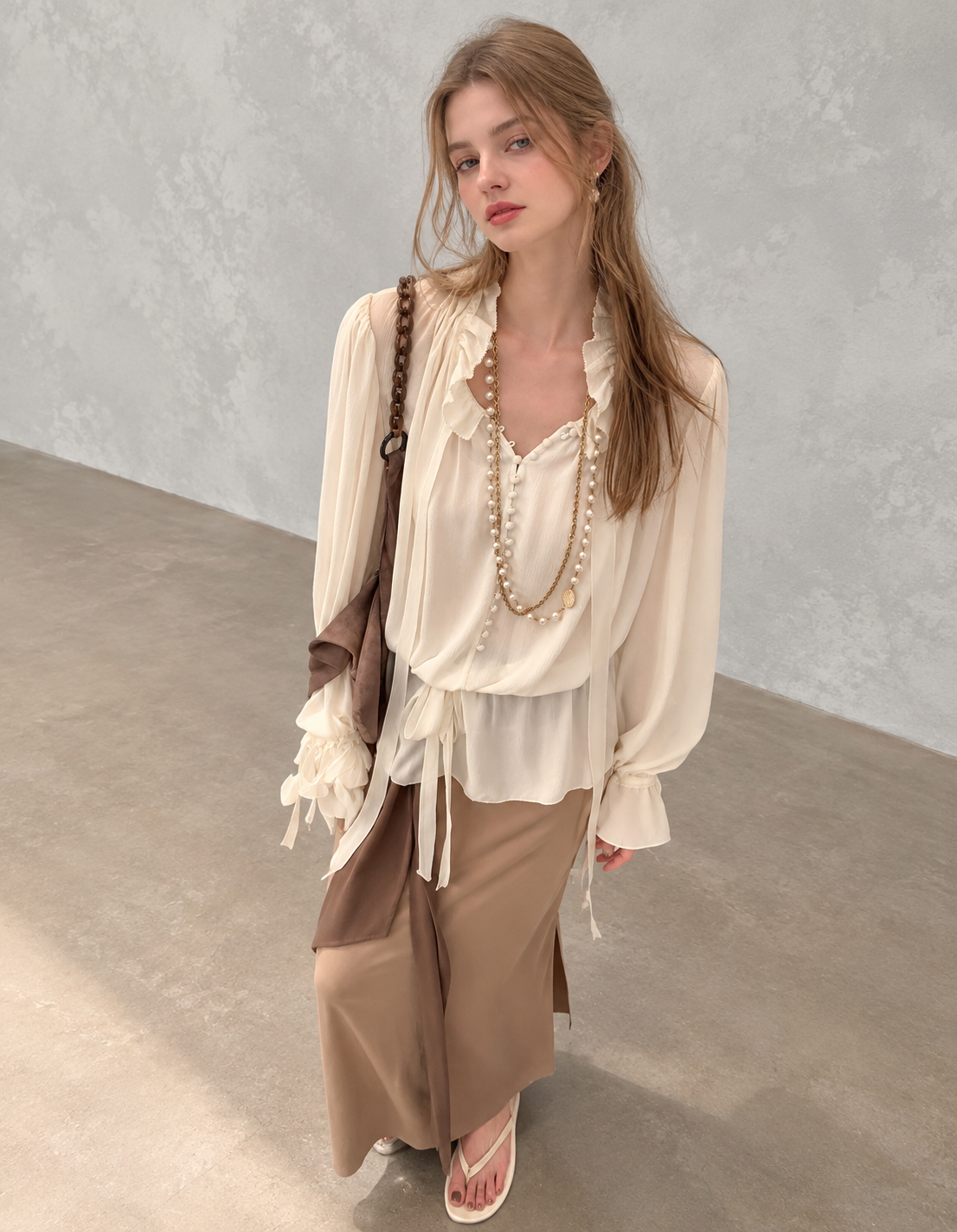 White Moonlight Ribbon Chiffon V-Neck Blouse