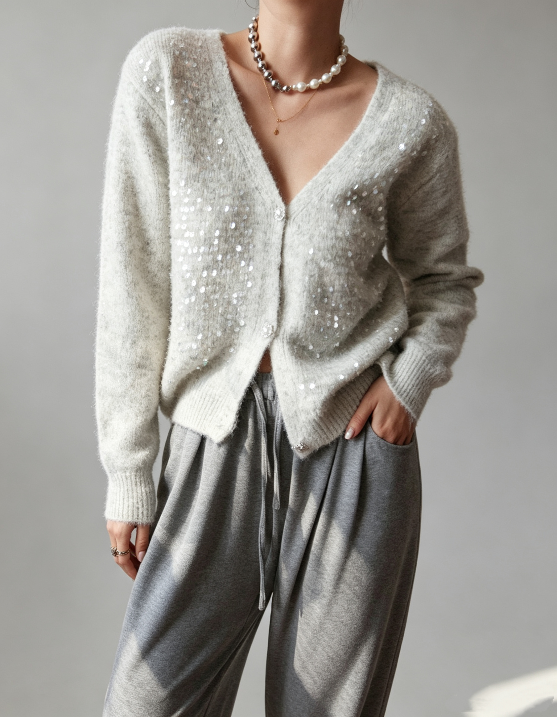 French-Style Sequin V-Neck Gray Knit Cardigan