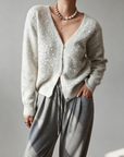 French-Style Sequin V-Neck Gray Knit Cardigan