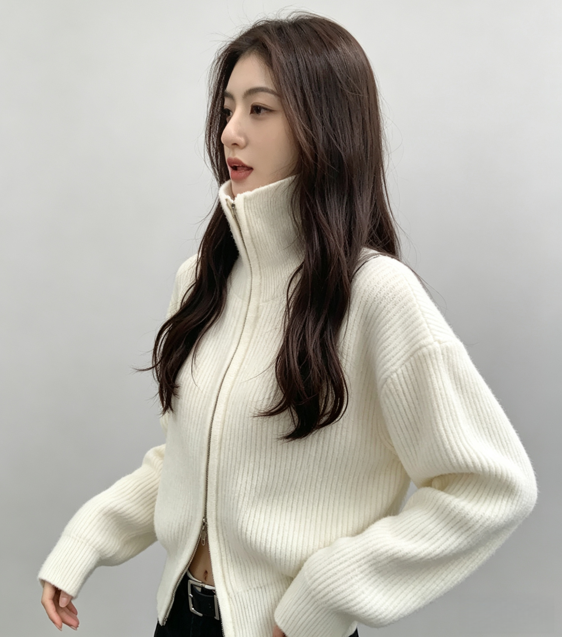 Double-Zip High Neck Thick Knit Cardigan