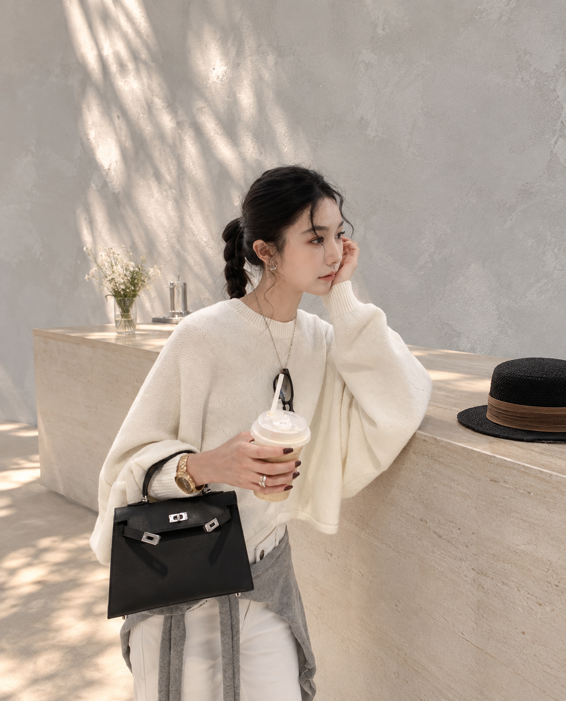 Back-Slit Relaxed Patchwork Batwing Sleeve Knit Top