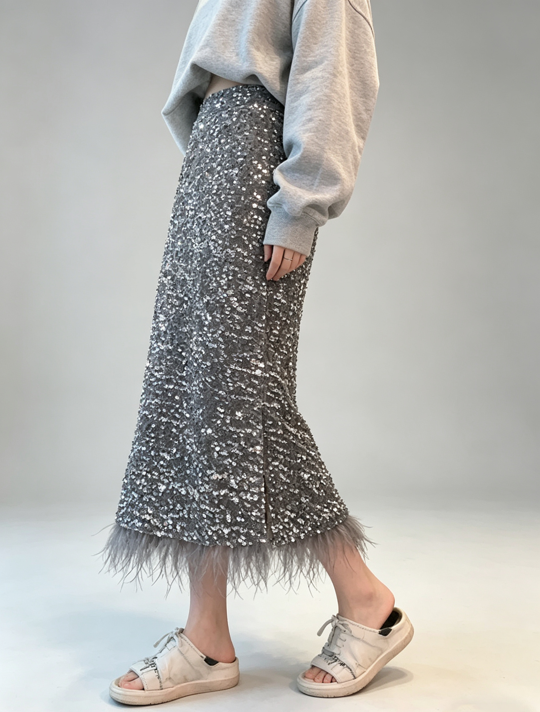 Sequin Skirt with Ostrich-Feather Trim