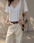 Lace Patchwork V-Neck Short Sleeve Tee