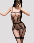 Sexy Black Sheer Open-Crotch One-Piece Bodysuit with Stockings