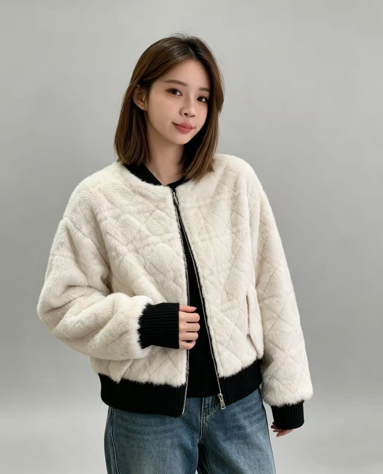 Diamond Quilted Faux Mink Eco-Friendly Fur Coat