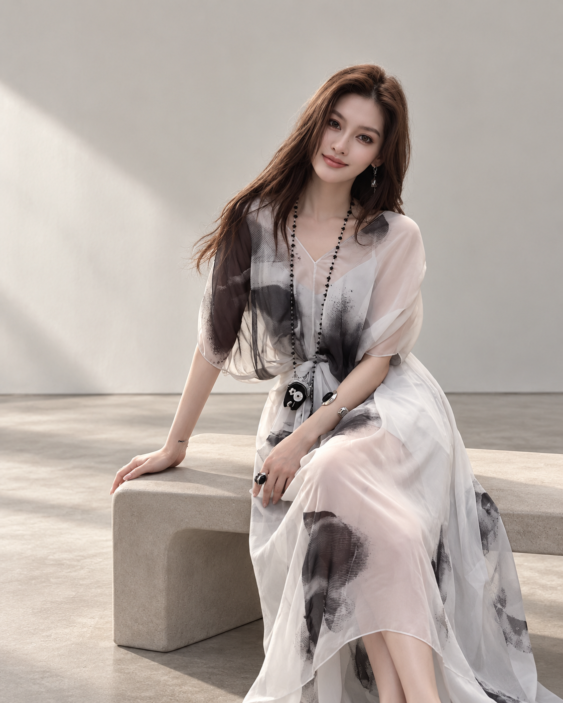 Ink Wash Print Maxi Skirt