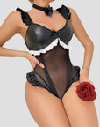 PU Patchwork Mesh Ruffled Bodysuit Lingerie