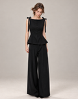 French-Inspired Black Bow-Tie Peplum Top &amp; Wide-Leg Pants Set