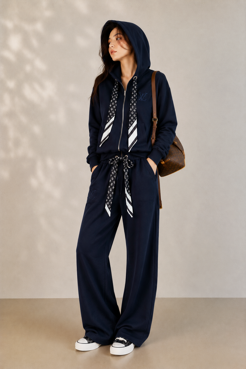 Ribbon Hoodie &amp;amp; Wide-Leg Sweatpants Set