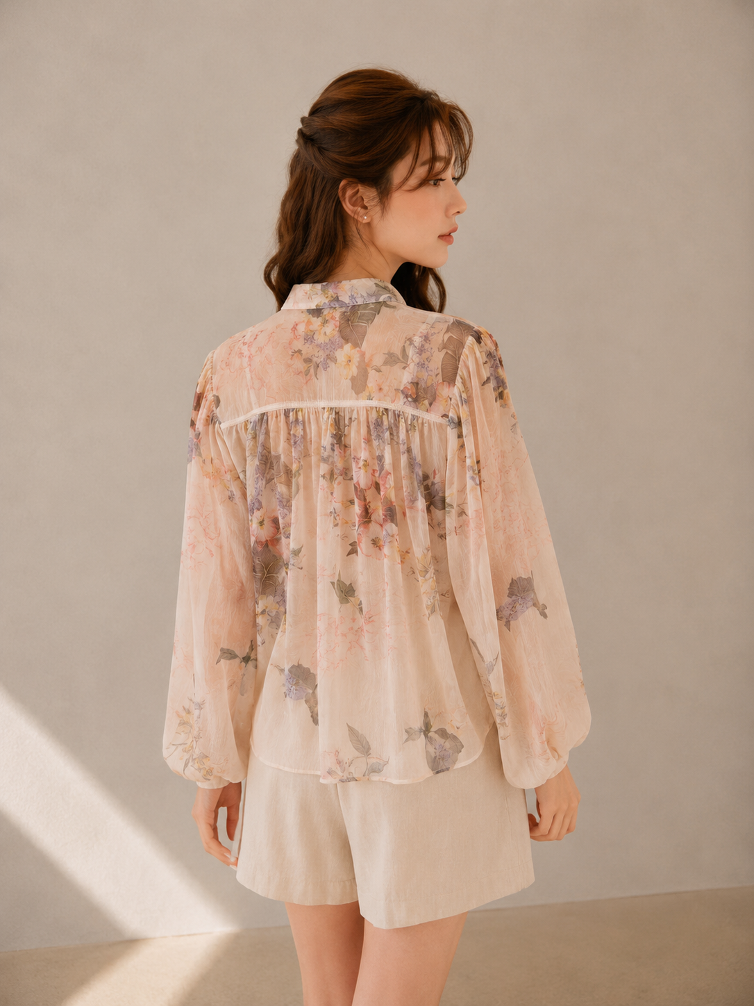 Floral Drawstring Balloon Sleeve Blouse (Includes Bandeau Top)