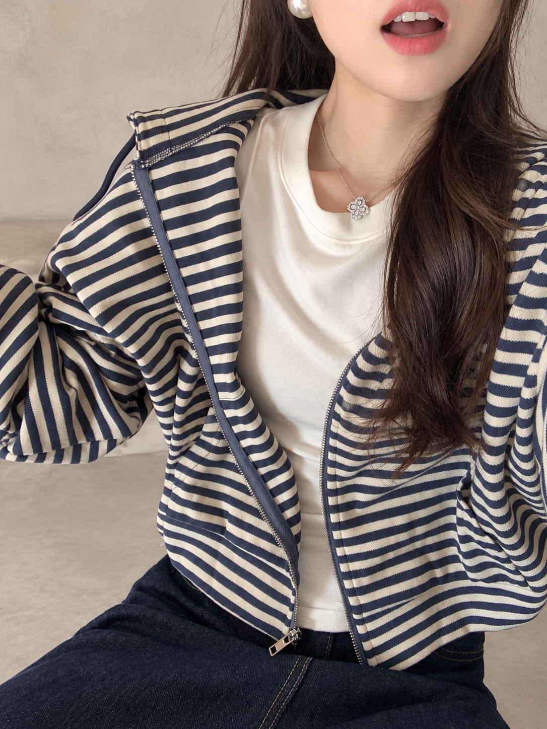 Korean-Inspired Blue Striped Hooded Zip-Up
