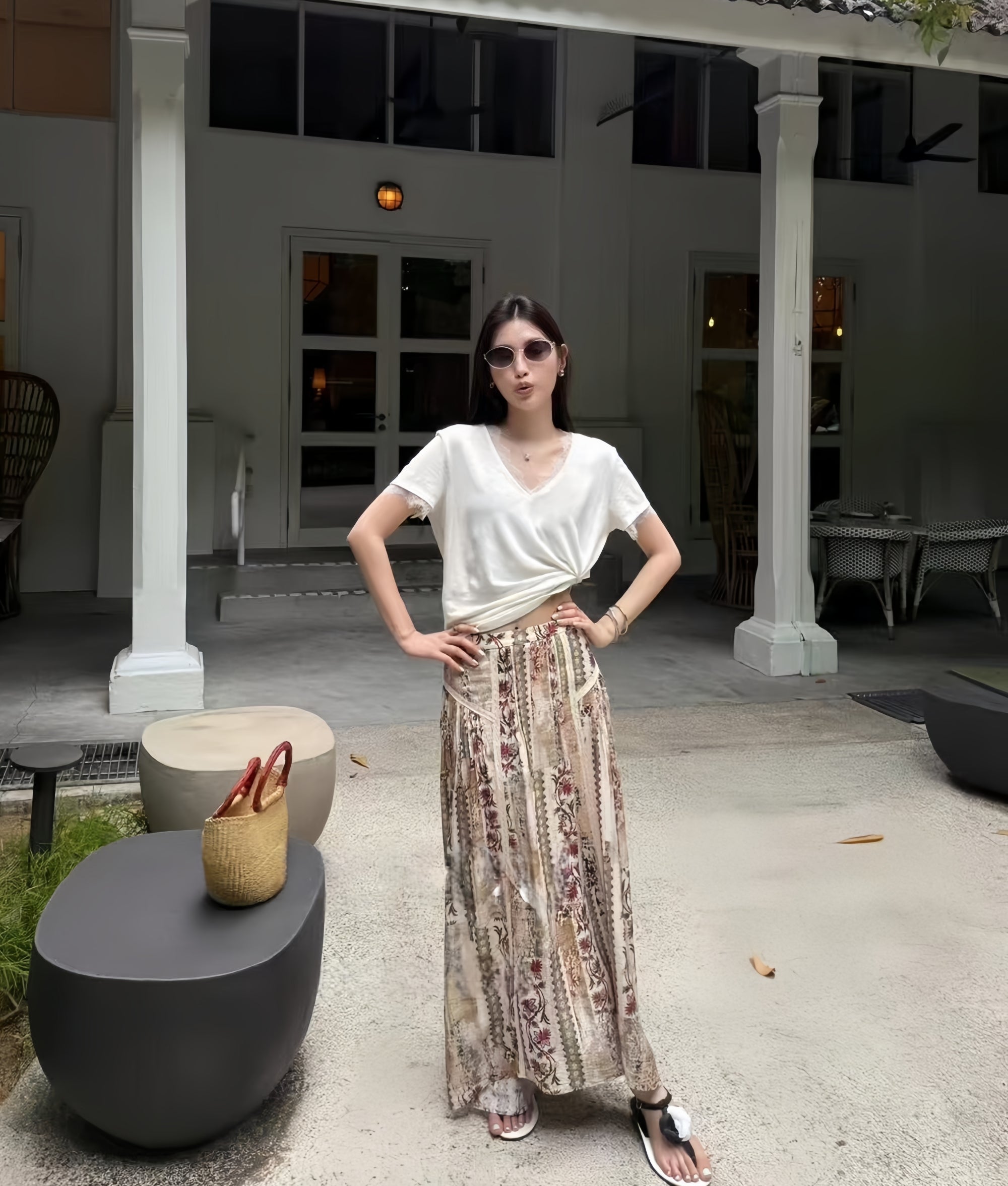 Lace Patchwork V-Neck Short Sleeve Tee