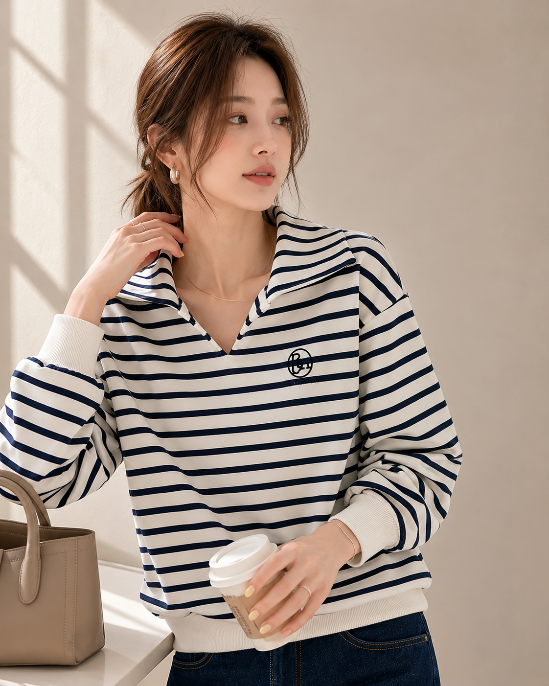 Cotton Korean-Style Striped Polo Top