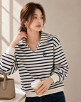 Cotton Korean-Style Striped Polo Top
