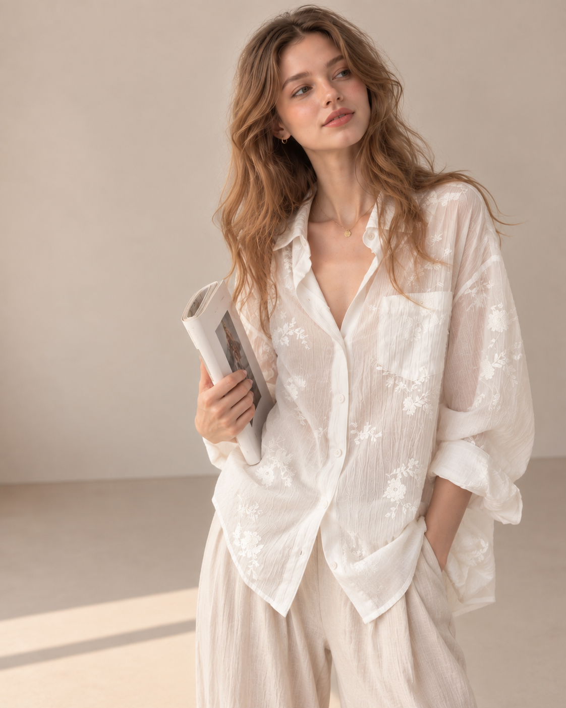 French‑style embroidered jacquard tencel shirt.