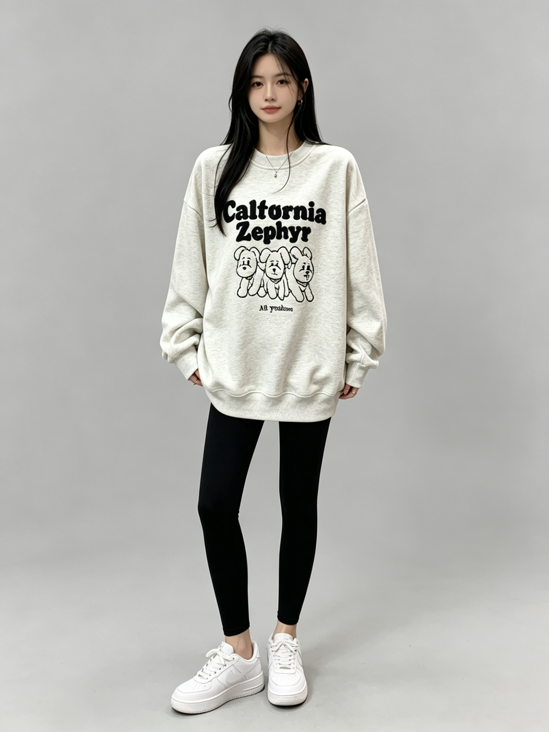 Korean-Style 380g Fleece-Lined Embroidered Sweatshirt