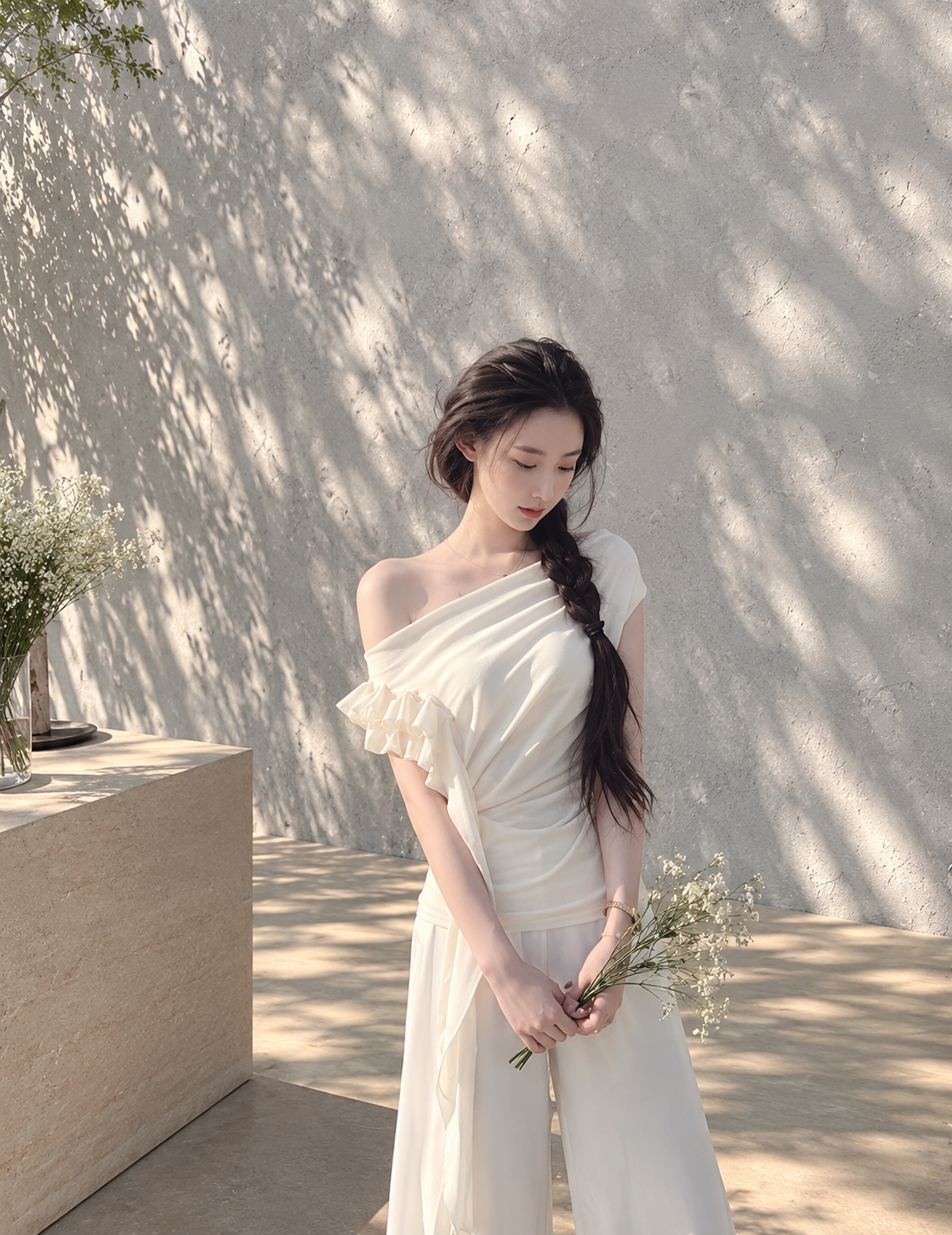 Asymmetric off-shoulder ruffle-drape top