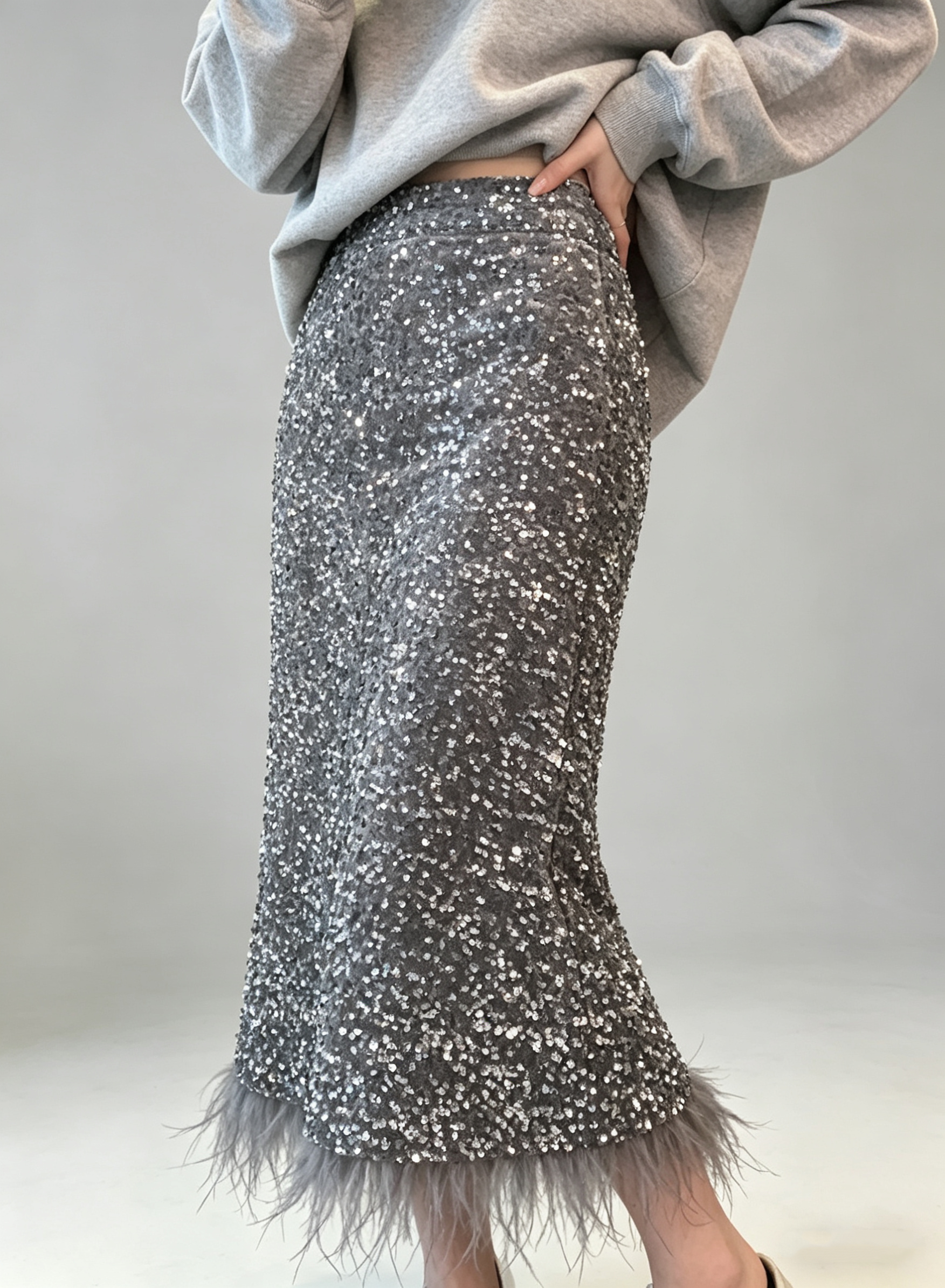 Sequin Skirt with Ostrich-Feather Trim