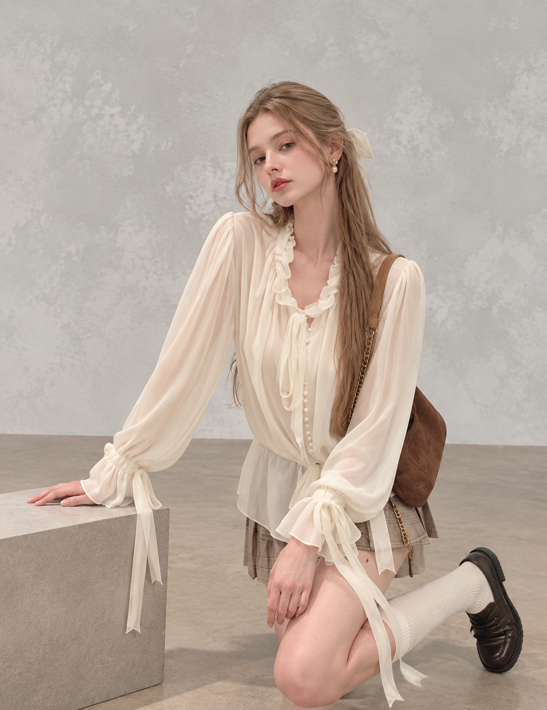 White Moonlight Ribbon Chiffon V-Neck Blouse