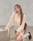 White Moonlight Ribbon Chiffon V-Neck Blouse