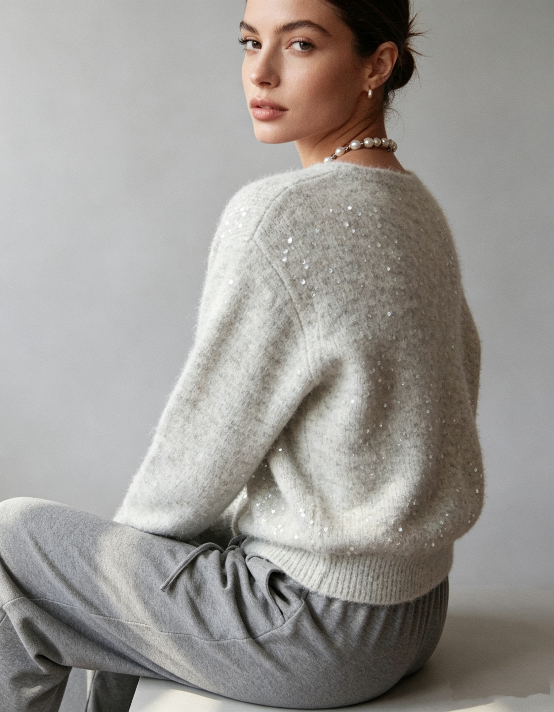 French-Style Sequin V-Neck Gray Knit Cardigan