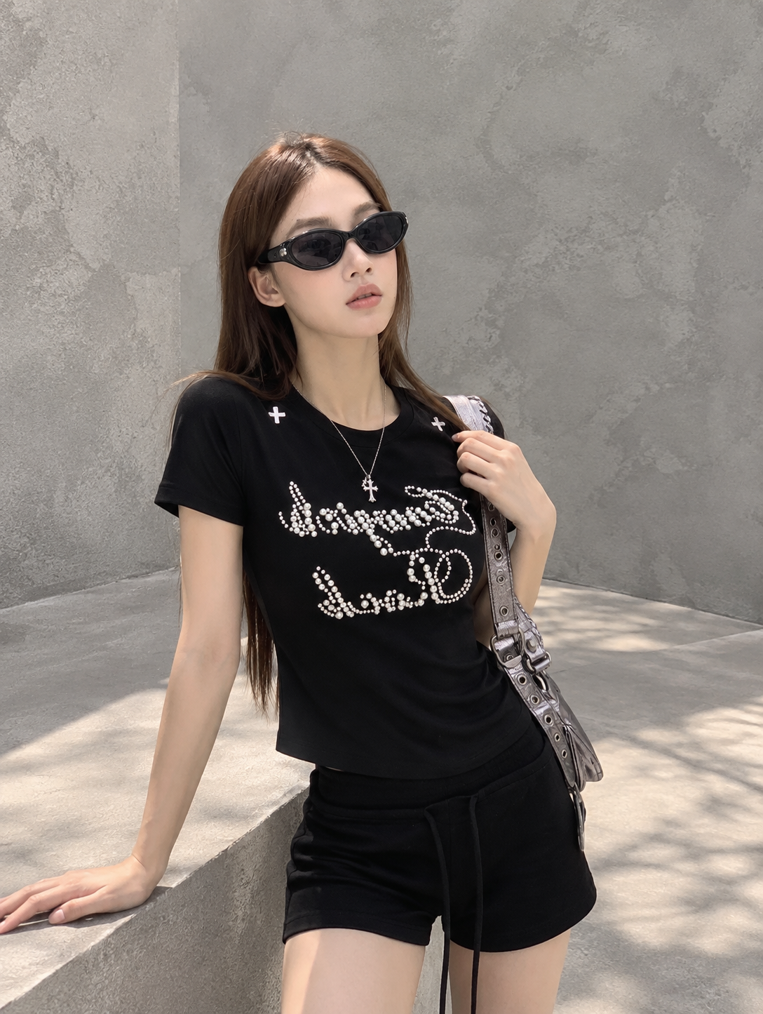Black Structured Shoulder Beaded Cotton Tee