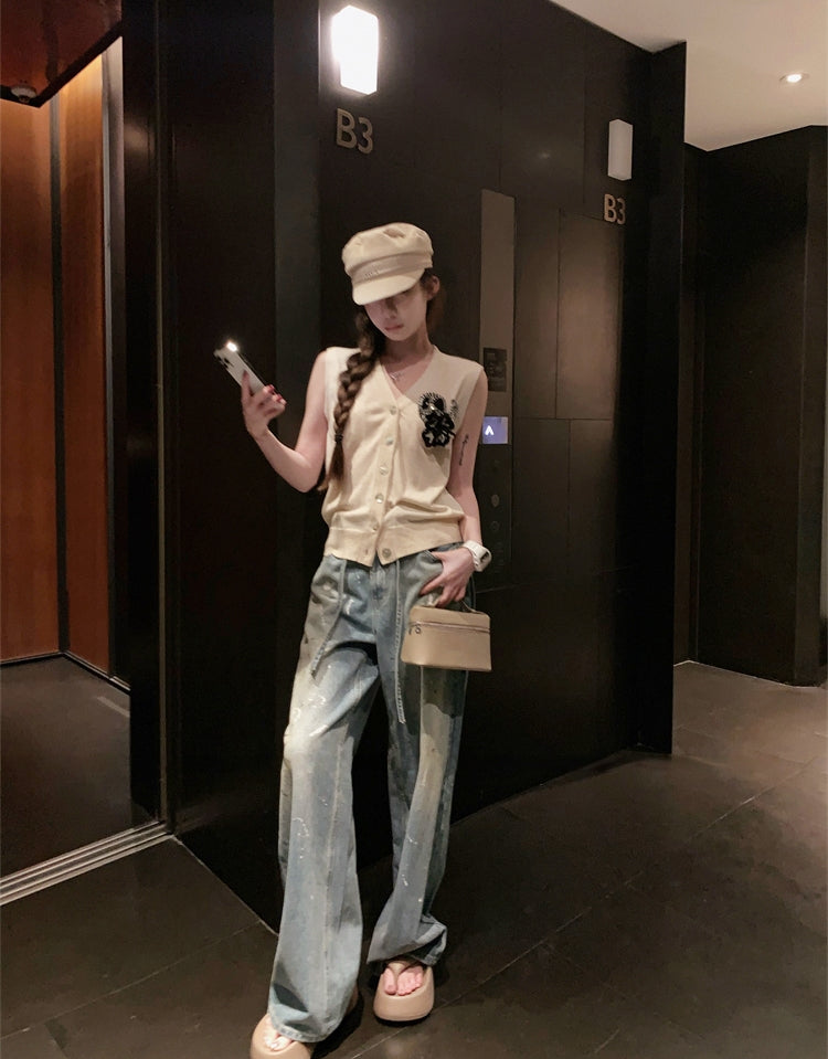 3D Camellia V-Neck Wool Blend Vest