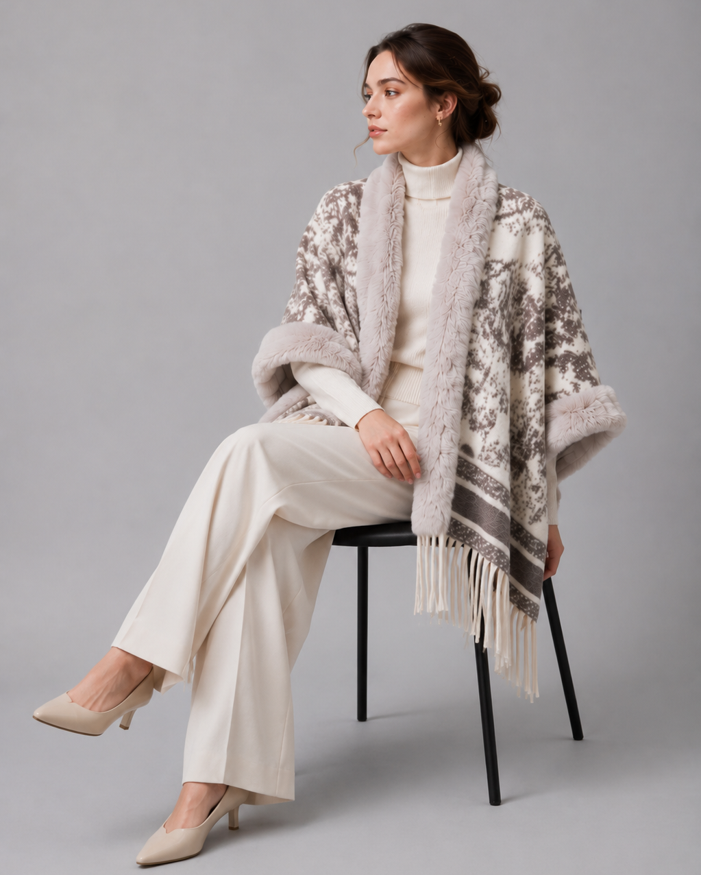 Faux Fur Trimmed Cape Coat