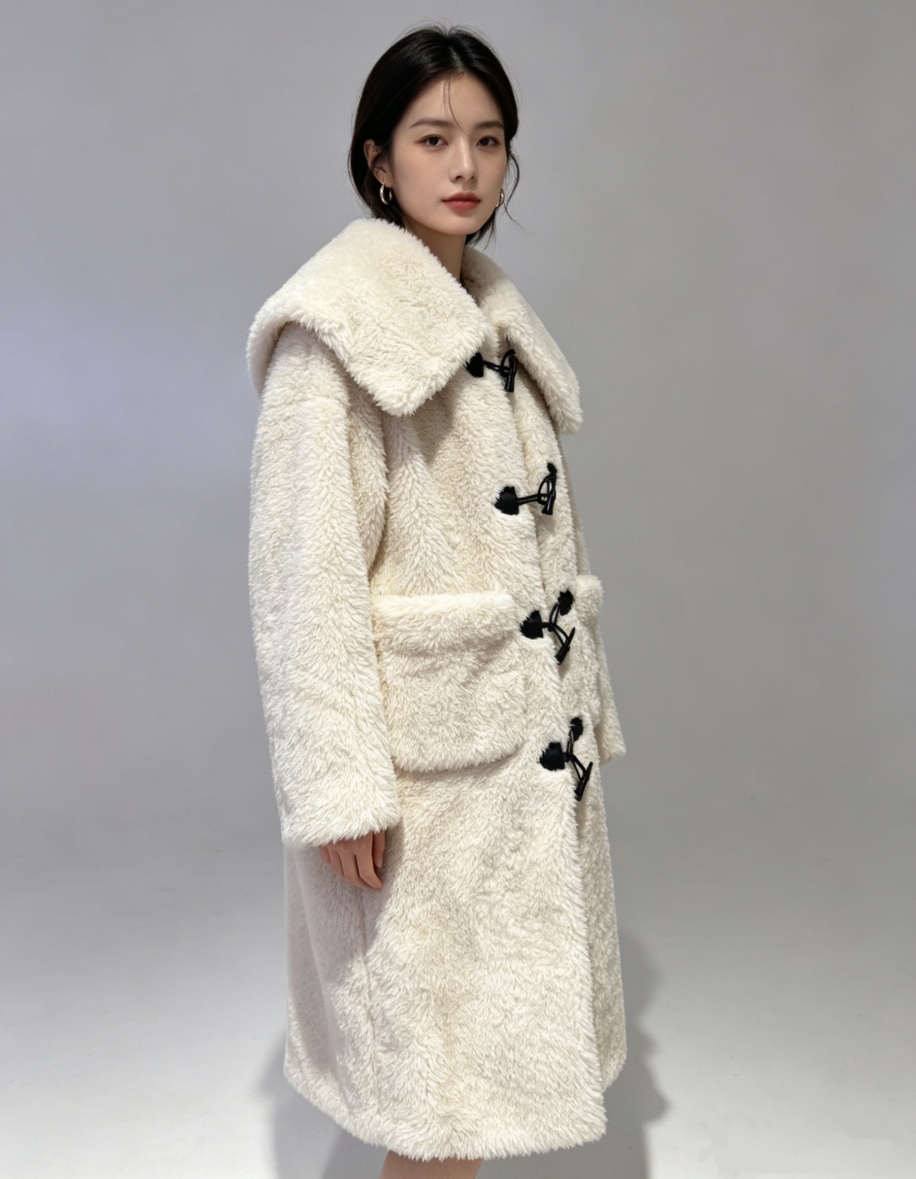 Wool-Blend Eco Faux Fur Mid-Length Coat