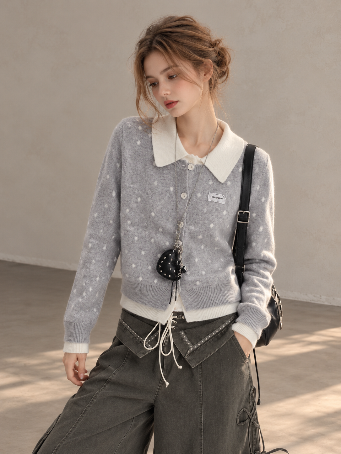 Korean-Style Layered Grey Knit Cardigan