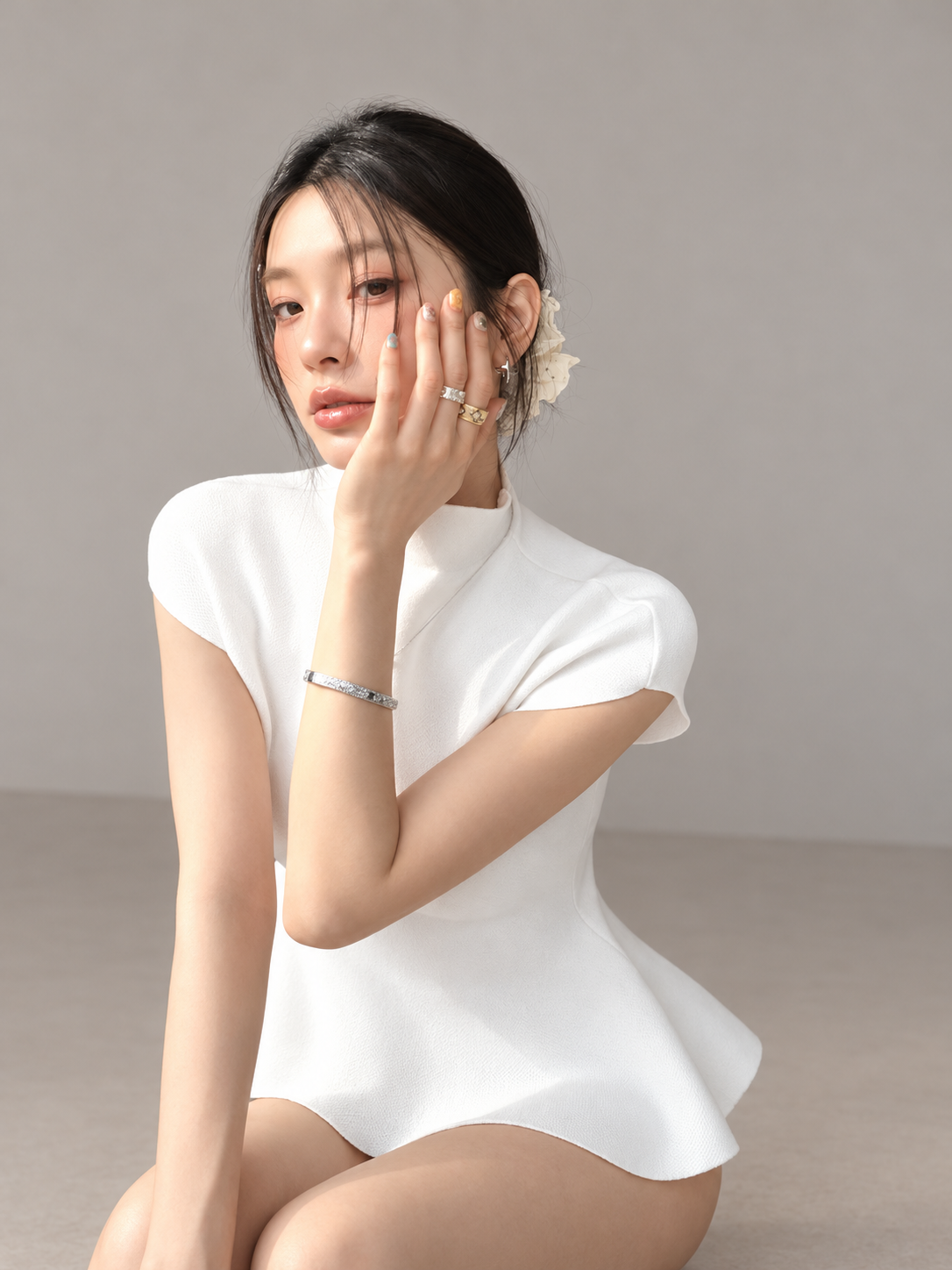 Jennie-inspired French semi-high neck ruffle hem knit top