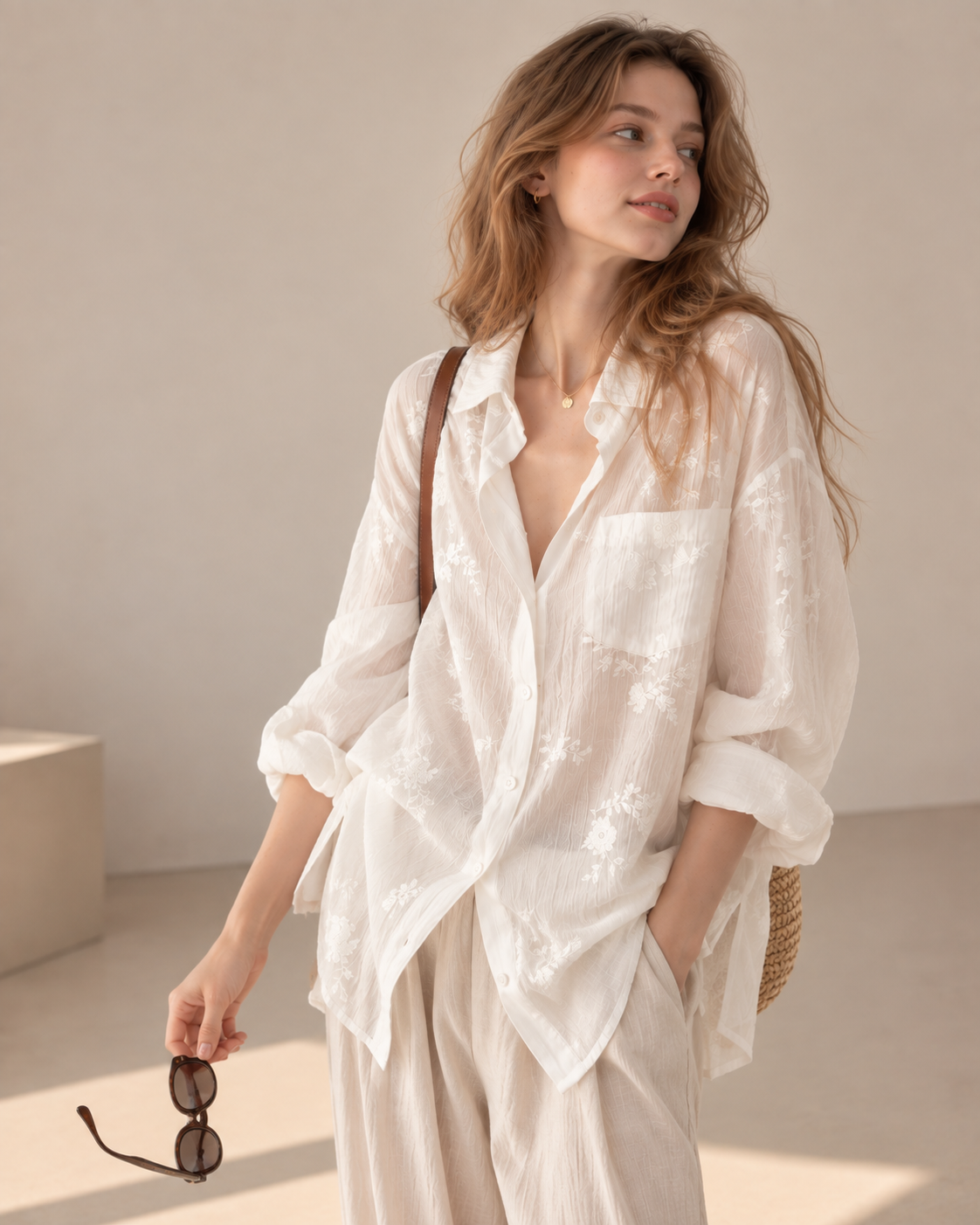French‑style embroidered jacquard tencel shirt.
