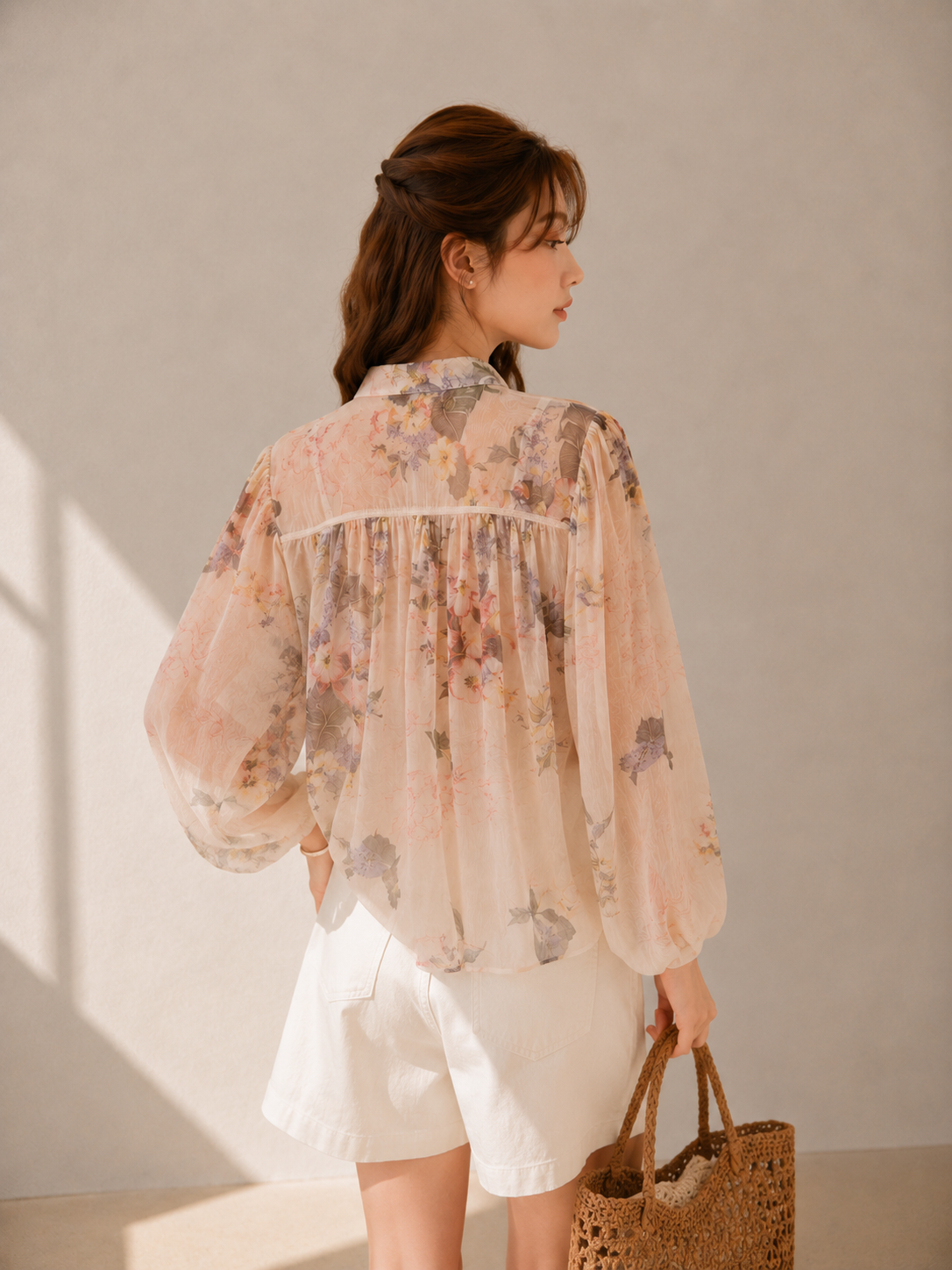 Floral Drawstring Balloon Sleeve Blouse (Includes Bandeau Top)