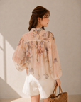 Floral Drawstring Balloon Sleeve Blouse (Includes Bandeau Top)