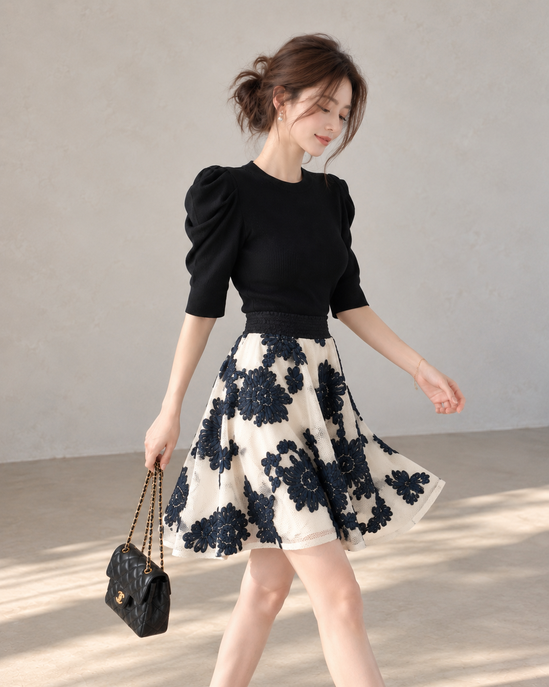Korean-Style Vintage Blue &amp;amp; White Embroidered Skirt and Knit Top Set