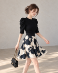 Korean-Style Vintage Blue &amp; White Embroidered Skirt and Knit Top Set