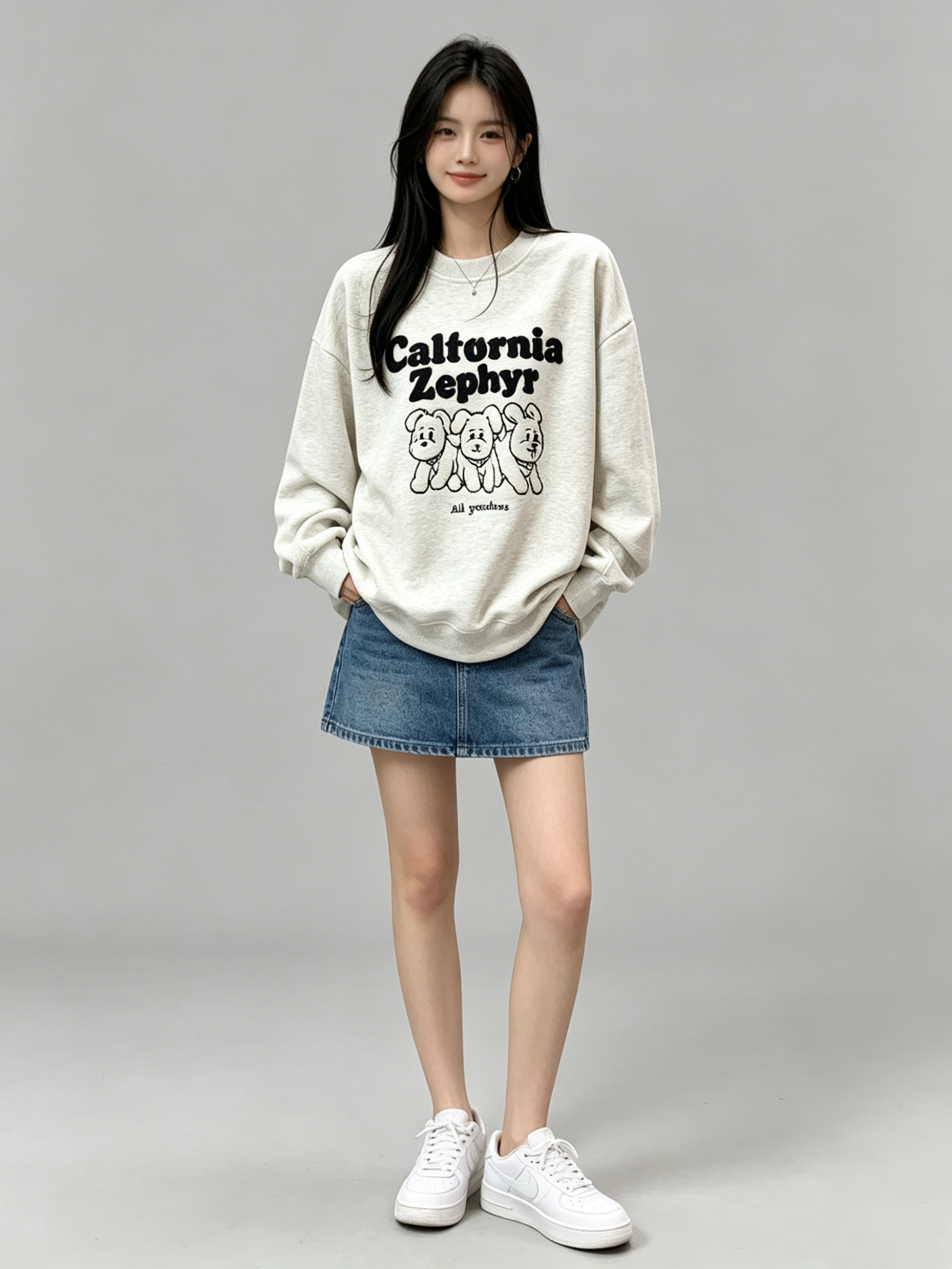 Korean-Style 380g Fleece-Lined Embroidered Sweatshirt