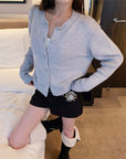 Custom Star-Shaped Rhinestone Button Knit Cardigan
