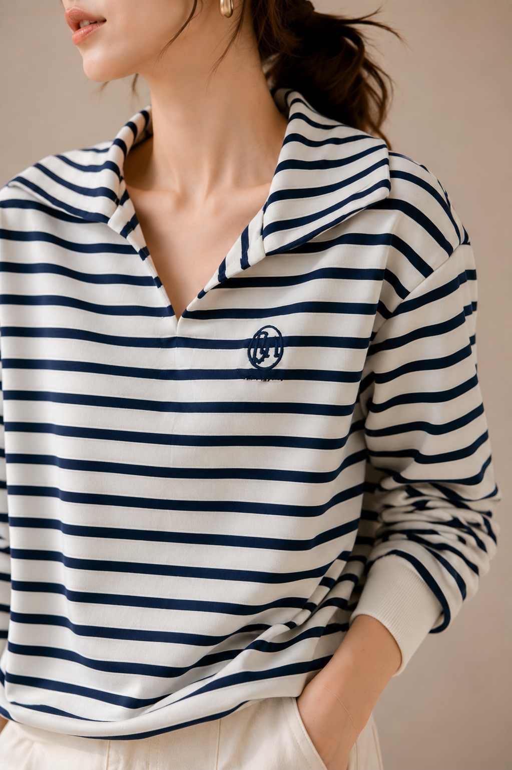 Cotton Korean-Style Striped Polo Top